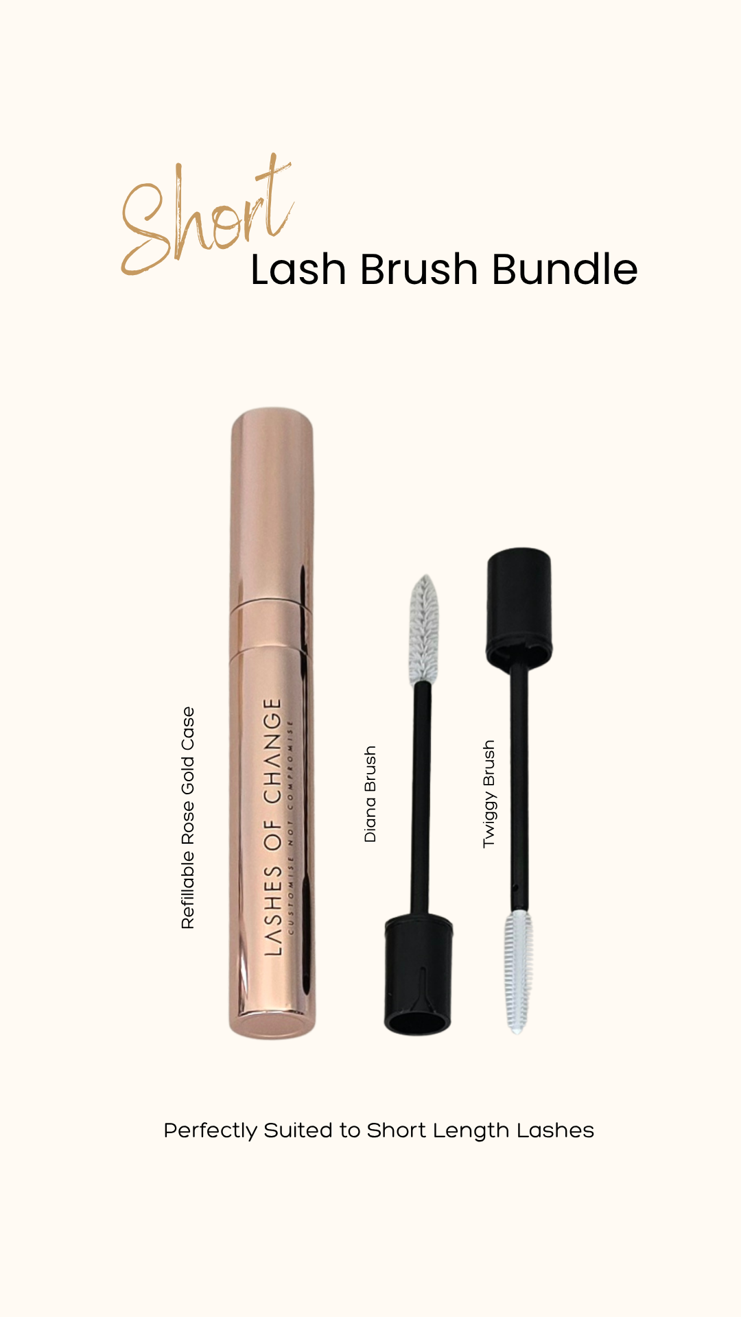 Perfect brushes for short lashes, in a bundle, with a mascara on a white background