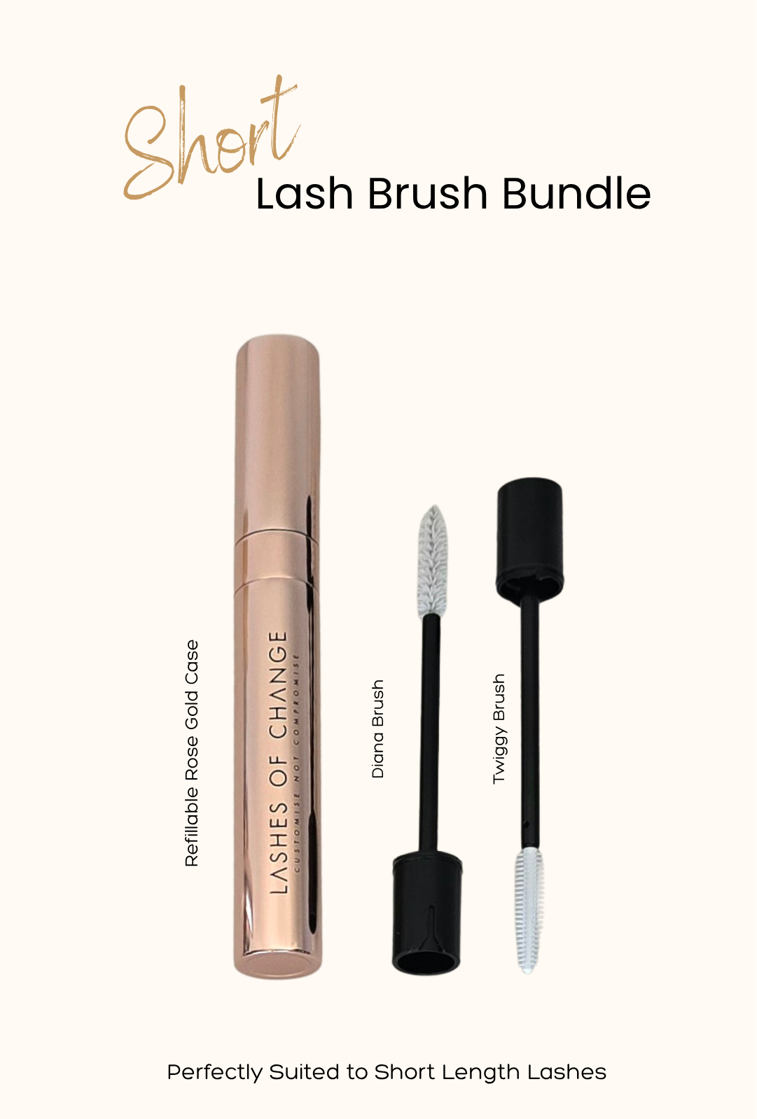 Perfect brushes for short lashes, in a bundle, with a mascara on a white background